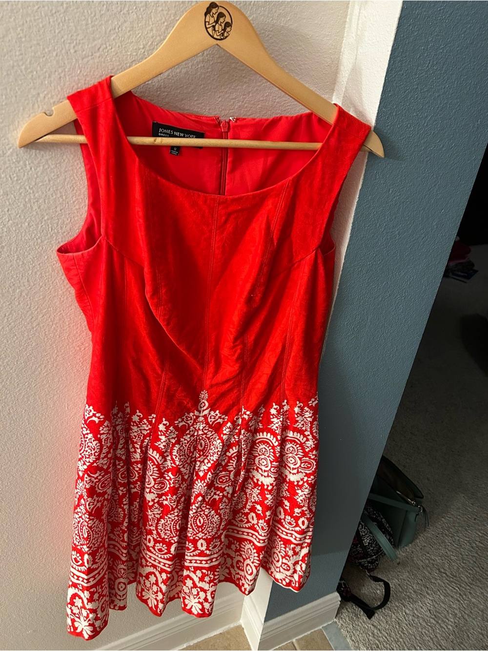 Jones New York Red Sleeveless Fit-and-Flare Dress with White Border Print sz 12